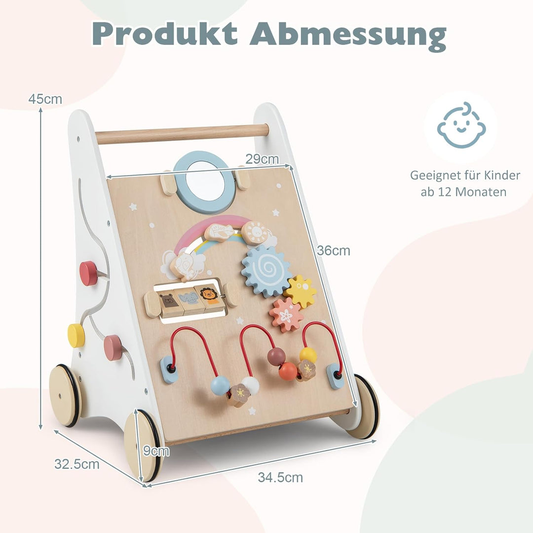 DREAMADE Lauflernwagen Holz, Lauflernhilfe ab 1 Jahr, Baby Gehhilfe mit Spiegel & Spielzeug, Gehfrei