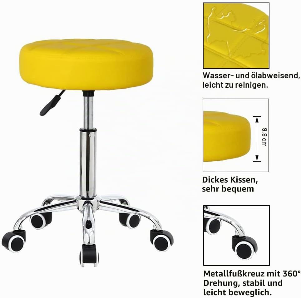 KKTONER Rollhocker Barhocker Bürohocker Arbeitshocker höhenverstellbar drehbar aus Kunstleder Gelb,