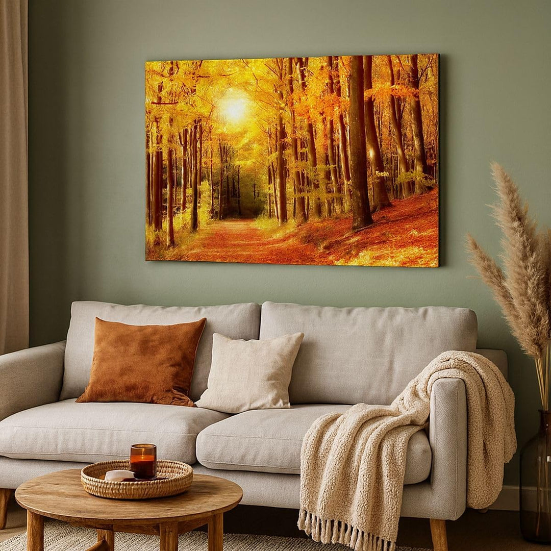 Bilder auf Leinwand 100x70cm Leinwandbild mit Rahmen Pfad Blätter Wald Gross Wanddeko Bild Schlafzim