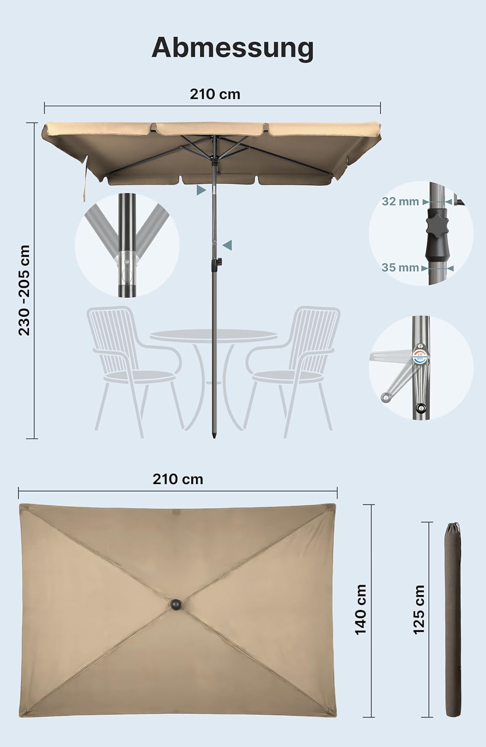 4smile Sonnenschirm Balkon mit Kurbel, Sonnenschirm rechteckig 210x140 cm, Sonnenschutz Balkon mit U