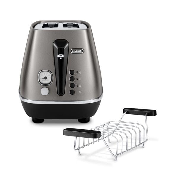 De'Longhi CTIN2103.TB Distinta Titanium Toaster, 6 Röststufen, Brötchenaufsatz, modernes Titan-Finis