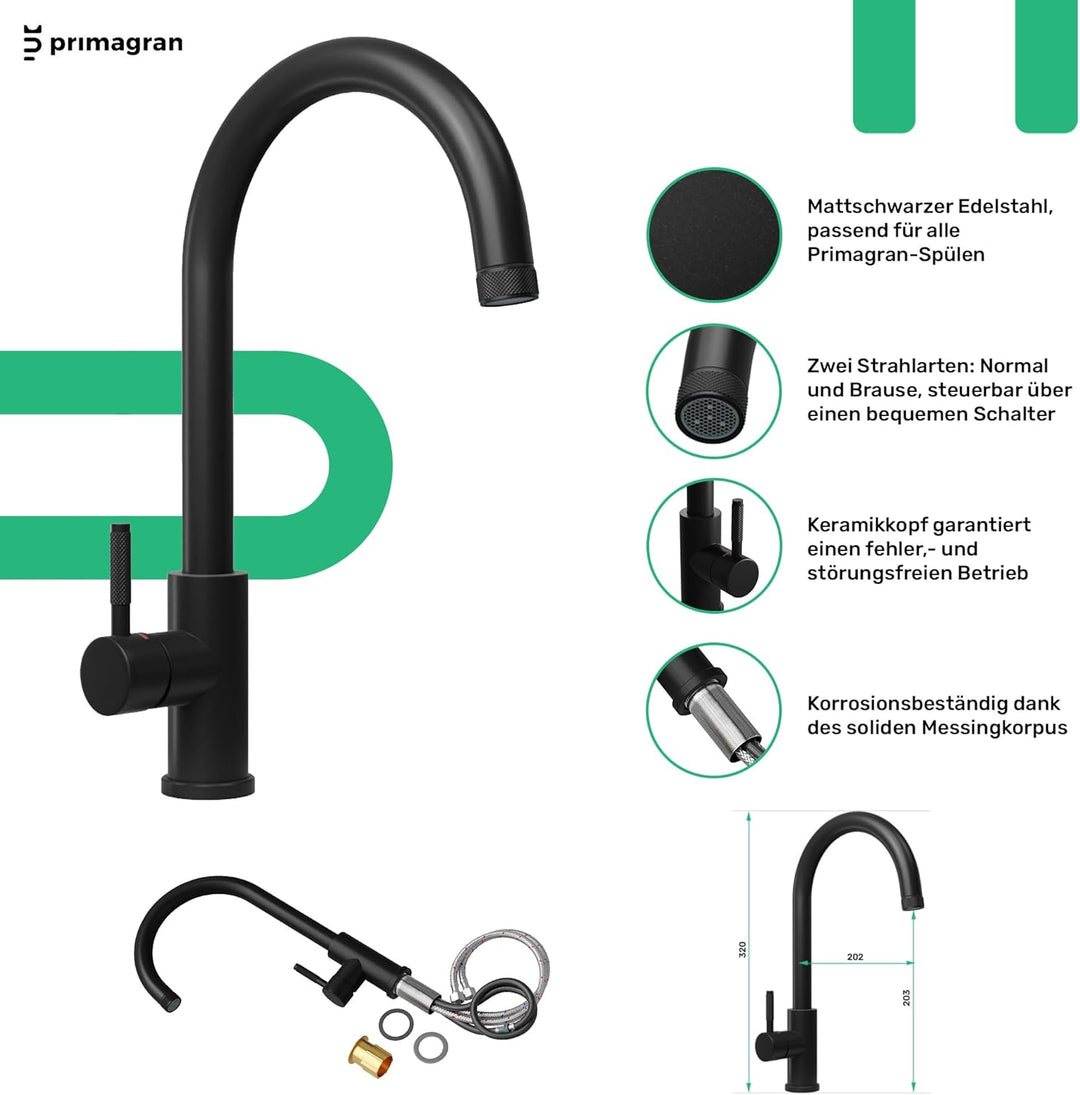 PRIMAGRAN Granitspüle Schwarz 58x50cm, Spülbecken 1 Becken + Ablauf-Set + Küchenarmatur 32x20cm + Sc