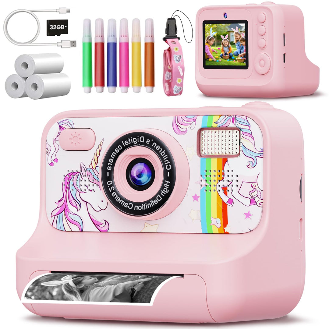 Kinderkamera Sofortbildkamera, 2,4 Zoll Bildschirm 1080P HD Kinderkamera, mit 32GB Karte und 3 Rolle