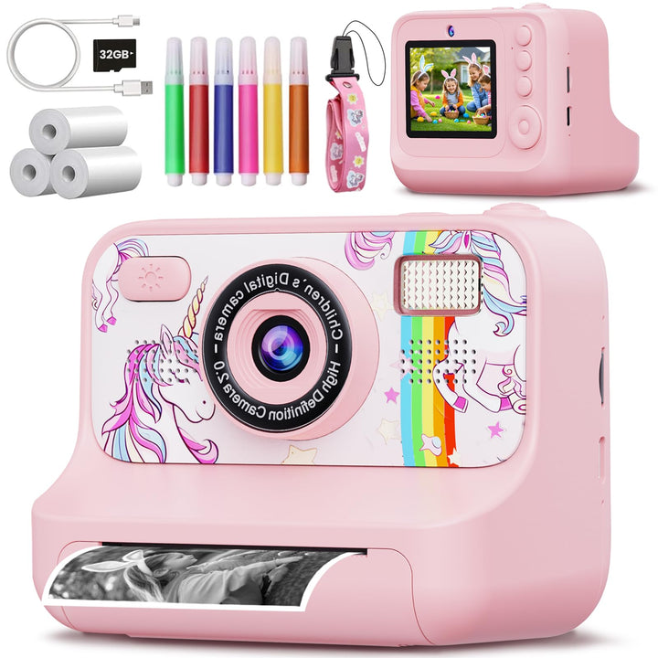 Kinderkamera Sofortbildkamera, 2,4 Zoll Bildschirm 1080P HD Kinderkamera, mit 32GB Karte und 3 Rolle