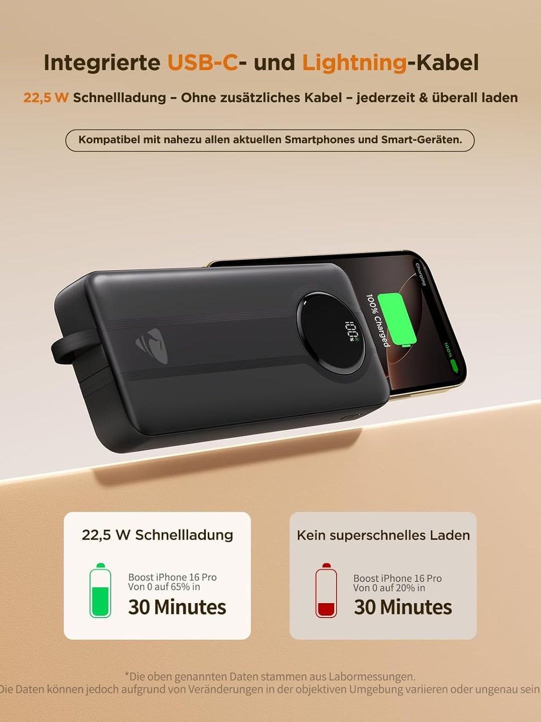 Aioneus Power Bank with Built-in USB-C and Lightning Cables 20000mAh Schwarz Schwarz 20000mAh, Schwa