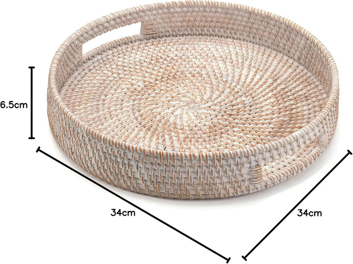 Rundes Rattan Serviertablett, Handgewebtes Serviertablett mit Griffen, Wicker Servierkorb, Dekorativ