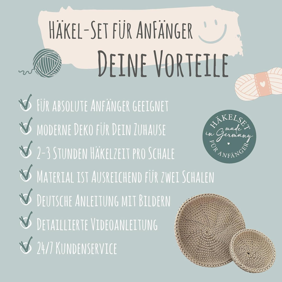 HÄKEL LIESE Häkelset für Anfänger - runde Schalen, Häkel Set Anfänger Erwachsene, Häckelset Schale m