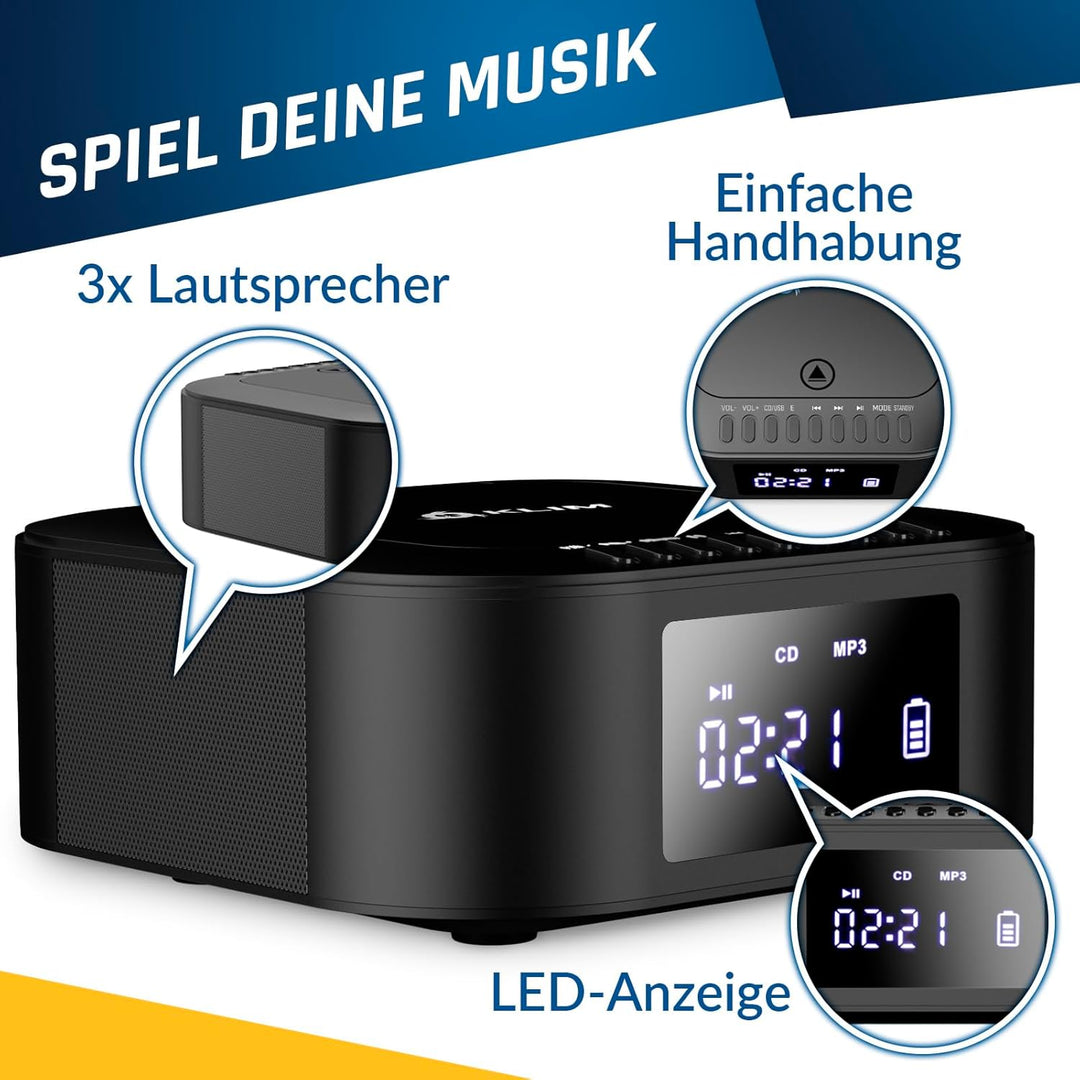 KLIM Boombox E1 Radio mit CD Player - BASS Boost mit Tieftöner - FM Radio, MP3, Bluetooth, AUX, USB