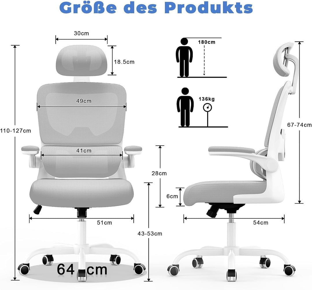 naspaluro Bürostuhl, Ergonomischer Bürostuhl mit Verstellbarer Kopfstütze, Armlehnen, Dynamischer Lo