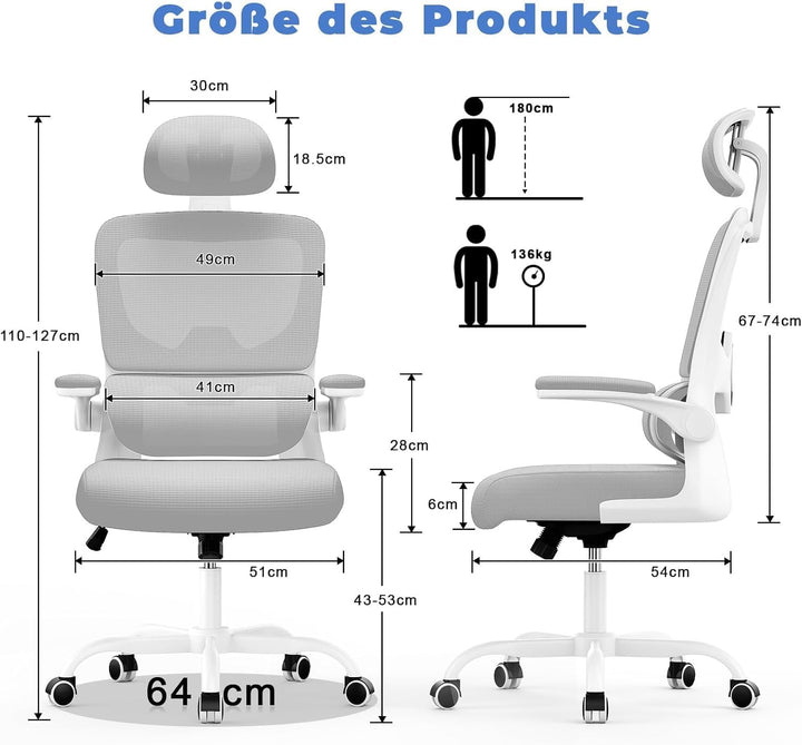 naspaluro Bürostuhl, Ergonomischer Bürostuhl mit Verstellbarer Kopfstütze, Armlehnen, Dynamischer Lo