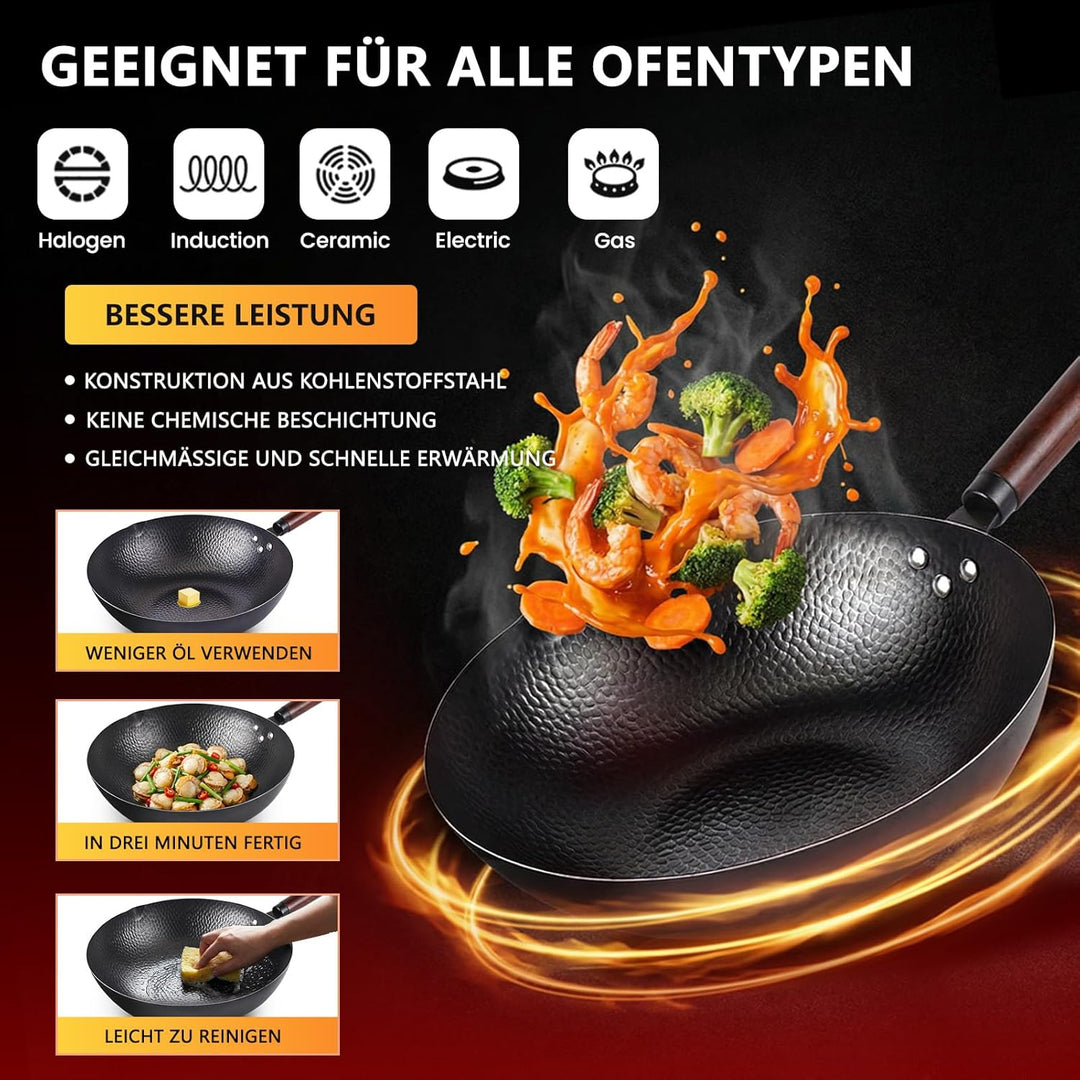 Wok mit Deckel 32cm Gusseisen Wokpfannen: Wok für Alle Herdarten Geschmiedet Eisenpfanne Keine Chemi