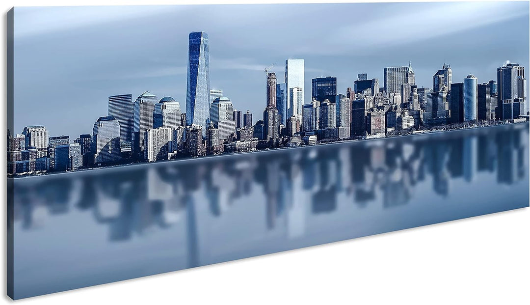 Küste von New York Panorama 120x60 cm als Leinwandbild, Motiv fertig gerahmt auf Echtholzrahmen, Hoc