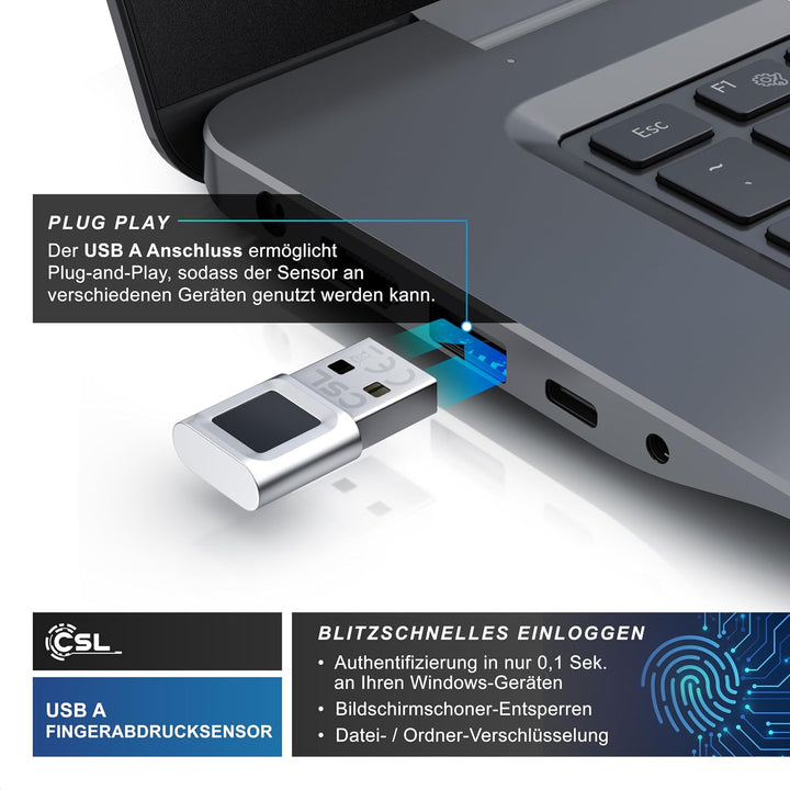 CSL - USB Fingerabdrucksensor für PC - Fingerprint Key - bis zu 10 IDs – kompatibel mit Windows 11 –