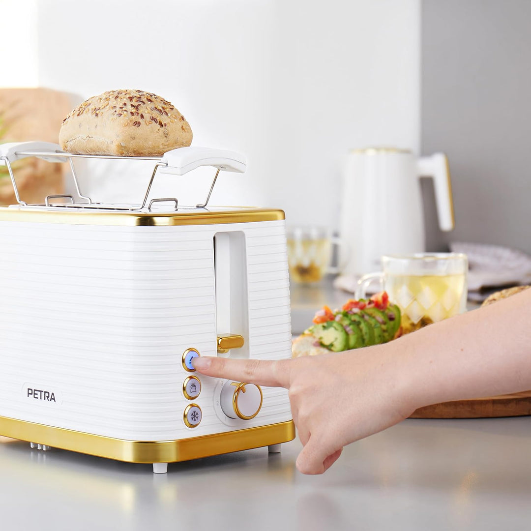 Petra PT5032WVDE 2 Scheiben Toaster – Inklusive Erwärmung Aufsatz für Brötchen/Gebäck, Auftauen, Auf
