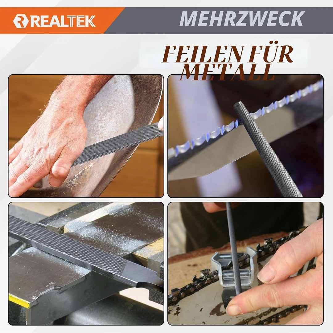 REALTEK Feilenset Metall 3tlg. inkl. Flachstumpfeile, Halbrundfeile, Rundfeile, 200mm, Metallfeile m