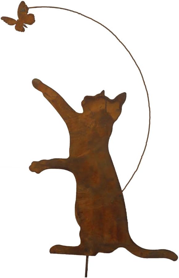 Bornhöft Gartenstecker Katze mit Schmetterling höhe ca. 55cm Metall Rost Gartendeko Edelrost rostige