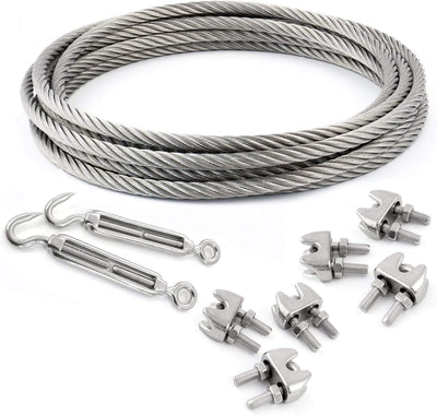 20m EDELSTAHLSEIL SET 3mm 7x7+6 x SEILKLEMMEN V4A+2 x SPANNSCHLOSS HAKEN - ÖSE Stahlseil Inox VA Sei