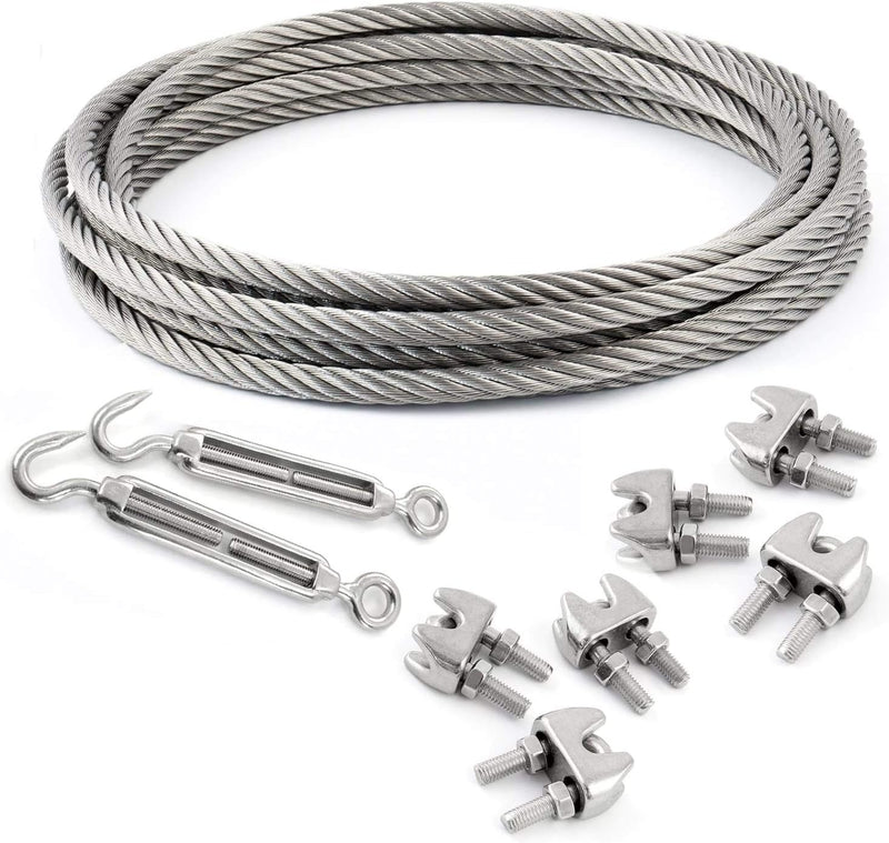 20m EDELSTAHLSEIL SET 3mm 7x7+6 x SEILKLEMMEN V4A+2 x SPANNSCHLOSS HAKEN - ÖSE Stahlseil Inox VA Sei