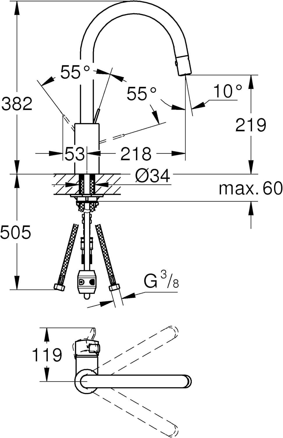 Grohe Eurosmart Cosmopolitan Einhand Spültischbatterie, 1 stück, chrom, 31481000 hoher Auslauf mit h