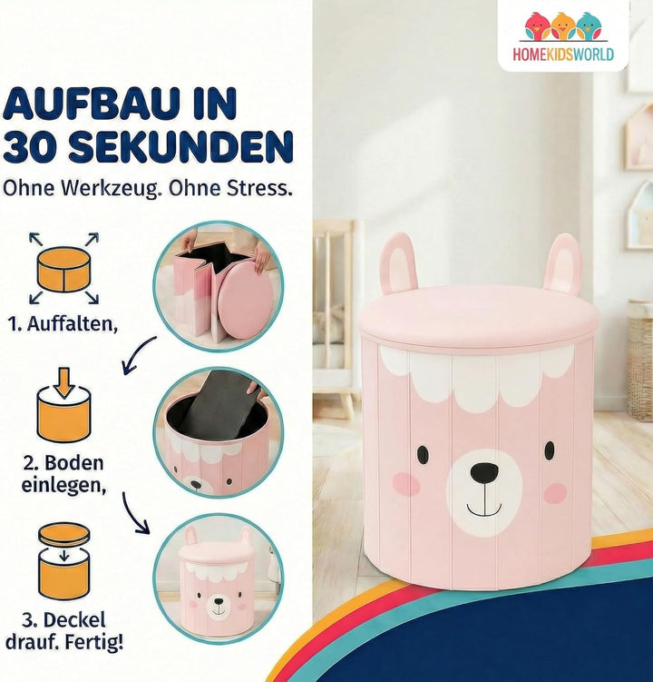 HomeKidsWorlds Kinderhocker Lama - Spielzeugkiste Kinderzimmer, Aufbewahrungsbox mit Deckel, Sitzbox