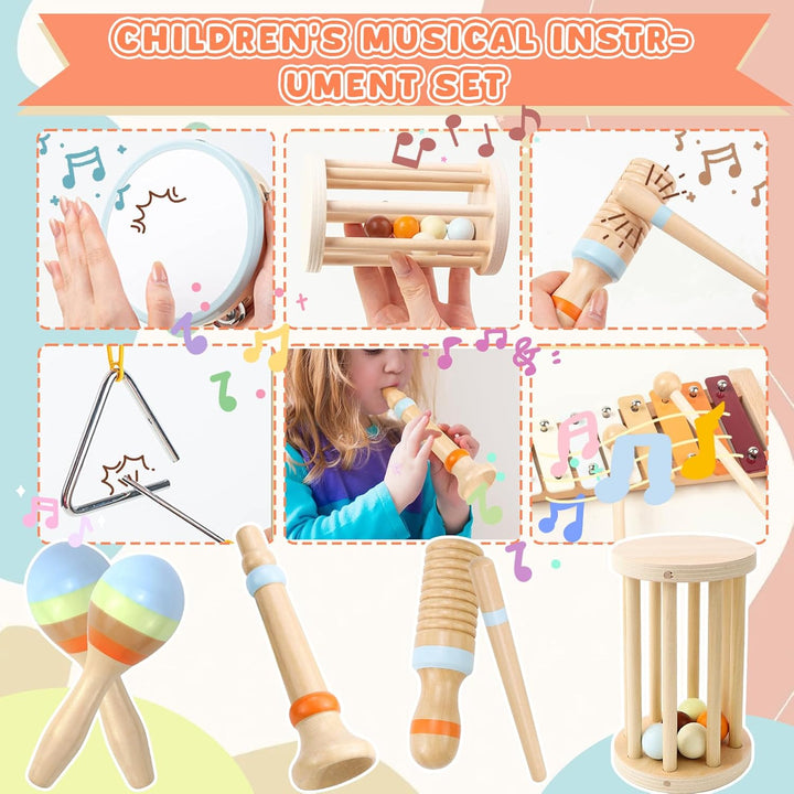 Jeinbuil Musikinstrumente 7er Set für Kinder, Holzspielzeug Kinderspielzeug ab 3 Jahre Xylophon Trom