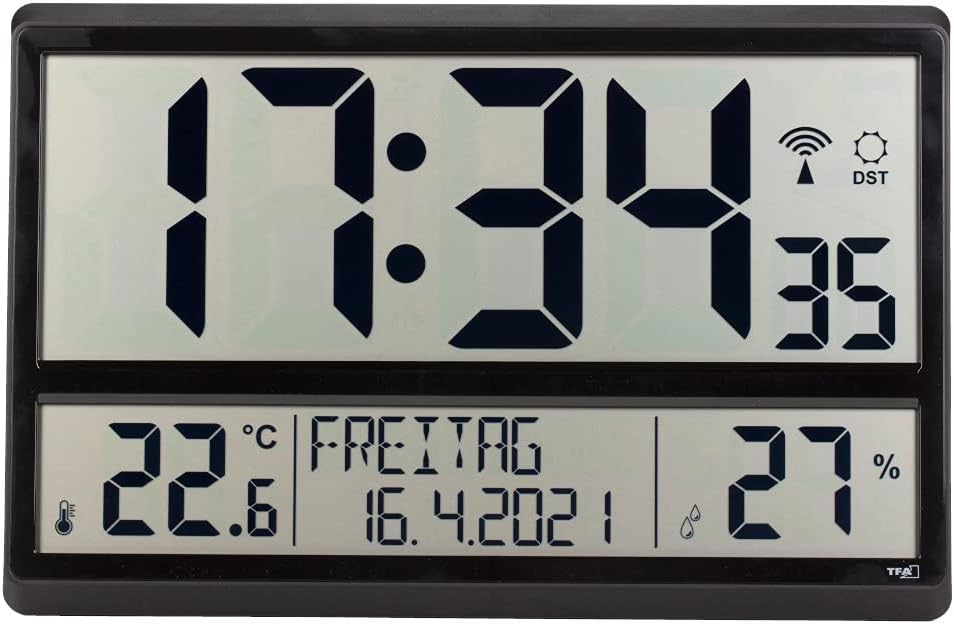 TFA Dostmann 60.4520.01 Digitale XL-Funkuhr Wanduhr mit Innentemperatur, Datum und Wochentag (schwar