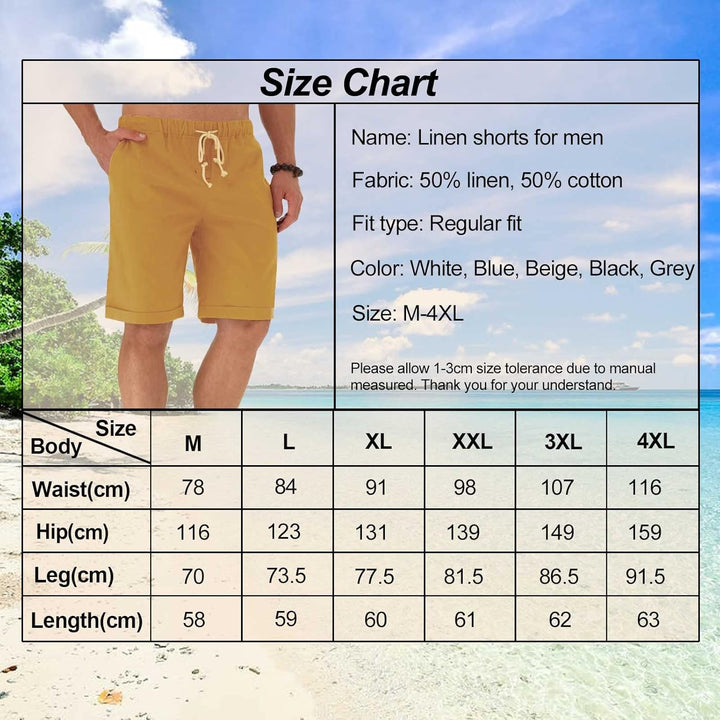 Halfword Leinenhose Herren Kurz Leinen Shorts Kordelzug Strand Freizeithose Leichte Urlaub Sommer M