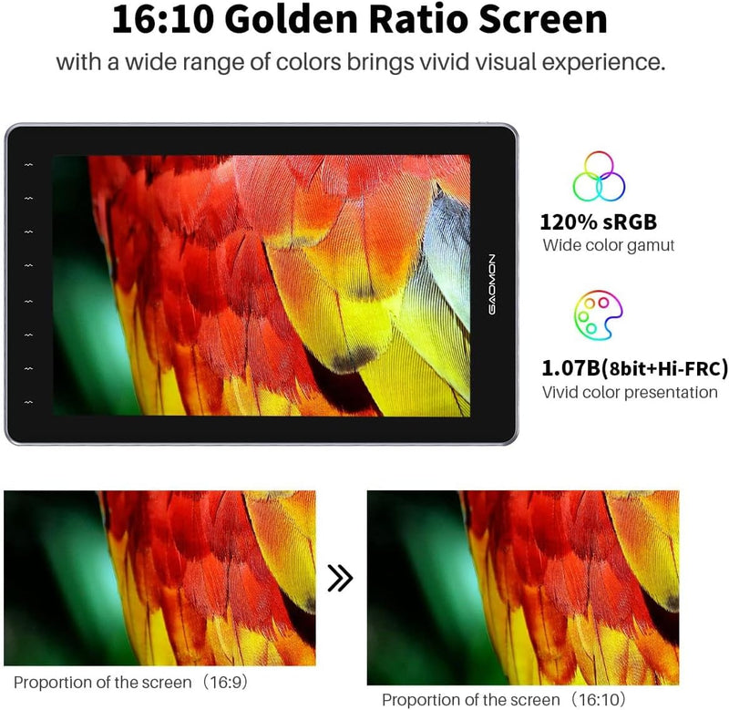GAOMON PD1610 Grafiktablett mit 2.5K QHD 120% sRGB Full Lamination Screen, 8192 Levels Upgraded Batt
