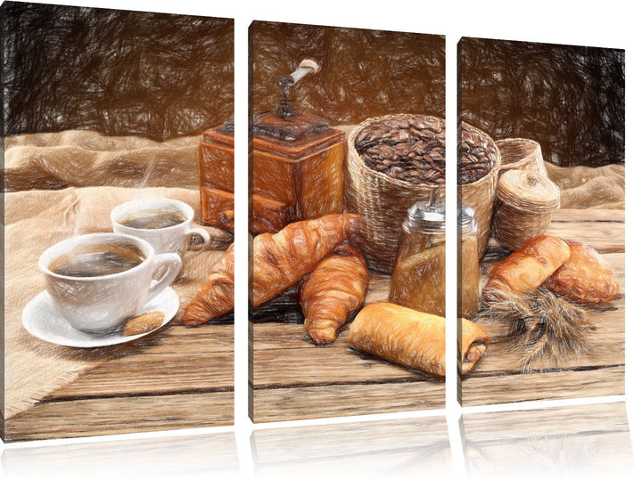 Pixxprint Aromatischer Kaffee mit Croissant Bunstift Effekt 3-Teiler Leinwandbild 120x80 Bild auf Le
