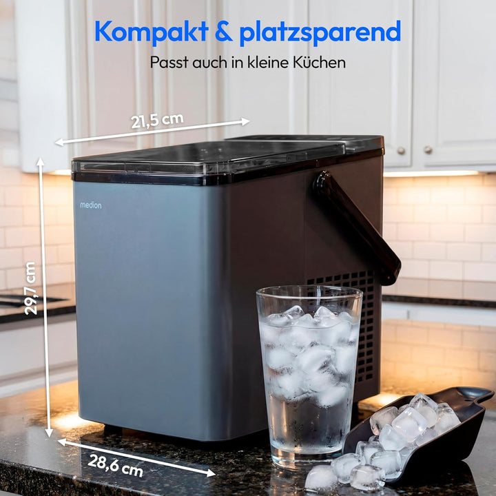MEDION Eiswürfelmaschine, selbstreinigend, 12 kg Eis/Tag Eiswürfelbereiter, 2 Eiswürfelgrössen S & L