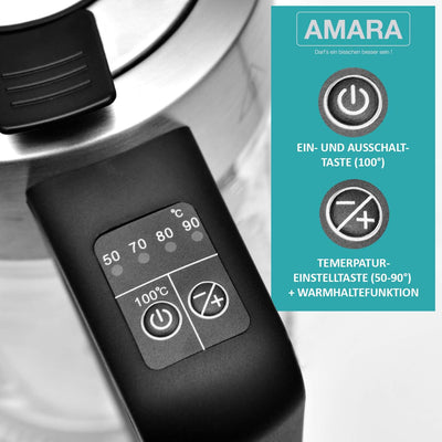 AMARA Wasserkocher Glas mit Temperatureinstellung 2200 Watt 2L besonders leise I Wasserkocher Temper