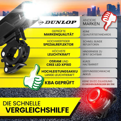 Dunlop Sports Fahrradlicht Set Fahrrad Licht - Extra helles LED mit Hochleistungs Akku - Fahrradbele