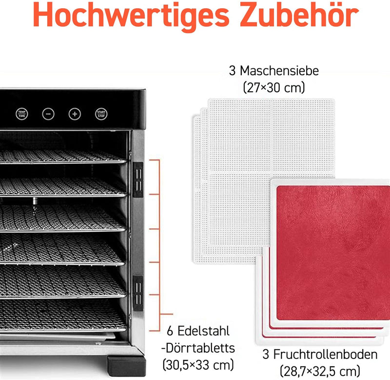 COSORI Dörrautomat edelstahl, Food Dehydrator mit 50 Rezepte, inkl. 6 Edelstahl-Dörrtabletts, 3 Dörr