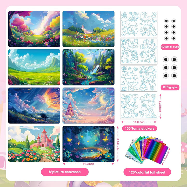 Lustiges Folien-Kunst-Set für Kinder, Einhorn und Prinzessin, Folienkunst für Kinder, Kunst-Bastelse