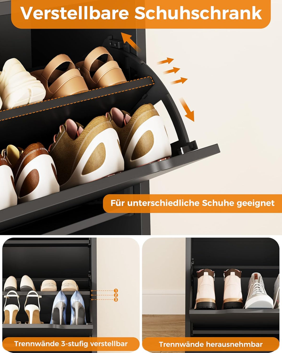 IRONCK Schuhschrank mit 4 Klappen, Schuhkipper Schmal mit 2 Schubladen, freistehendes Schuhregal, Sc