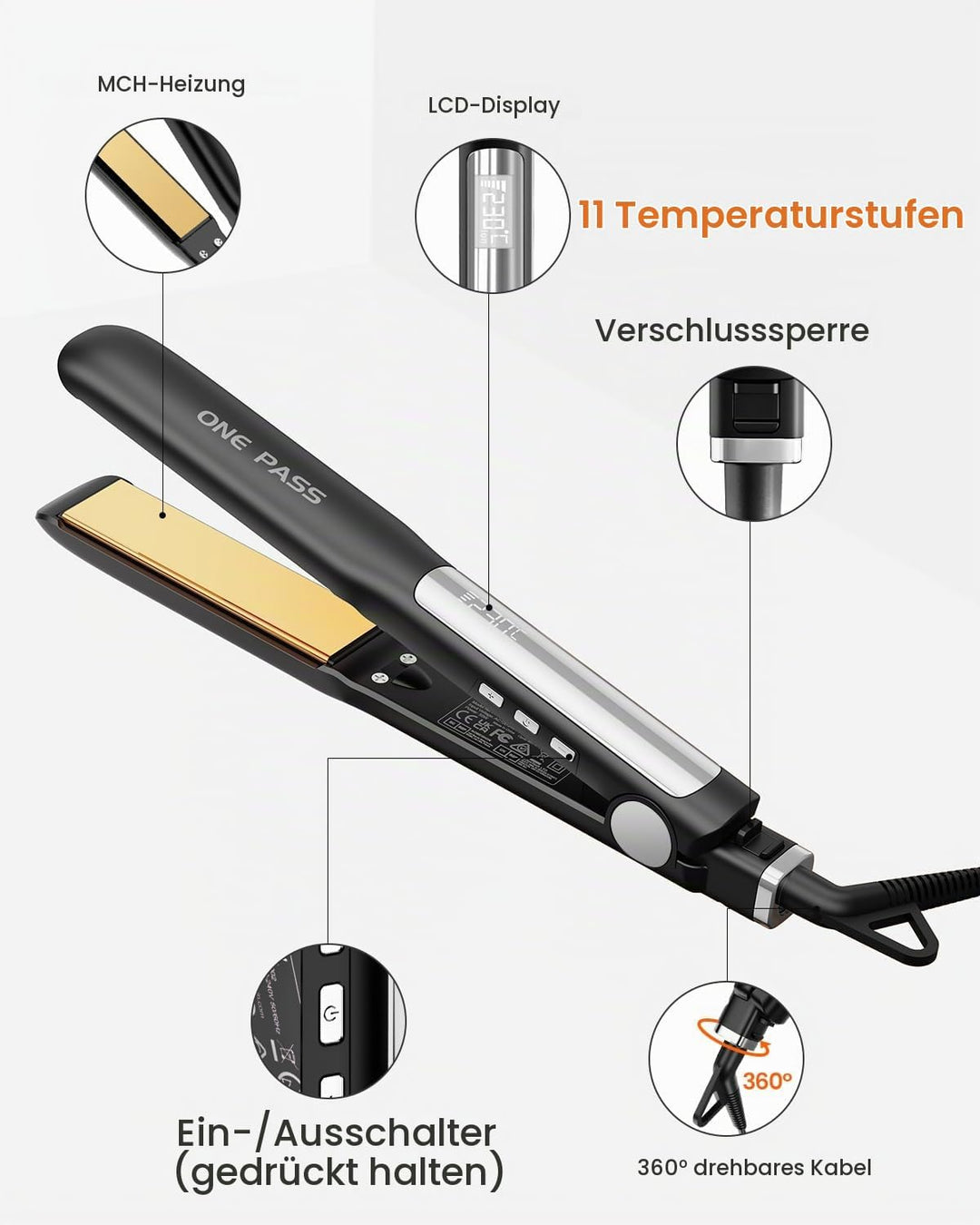 Faszin Professioneller Haarglätter 2-in-1, Ionen-Platten aus Titan, Heizung in nur 20 Sekunden, klar