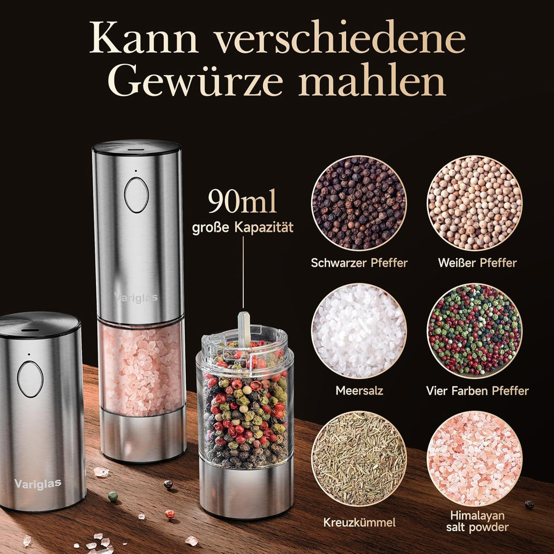 Variglas Salz und Pfeffermühlen Elektrische 2er Set mit USB Wiederaufladbarer,Verbesserte grosse Kap