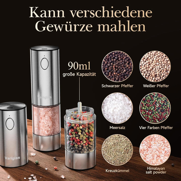 Variglas Salz und Pfeffermühlen Elektrische 2er Set mit USB Wiederaufladbarer,Verbesserte grosse Kap