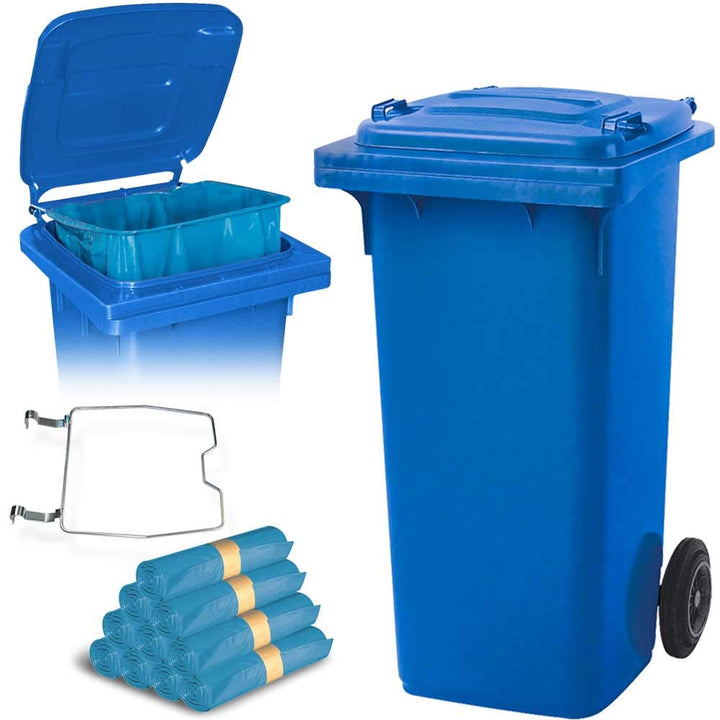 BRB 120 Liter Mülltonne mit Halter für Müllsäcke, inkl. 250 Müllsäcke (blau), blau