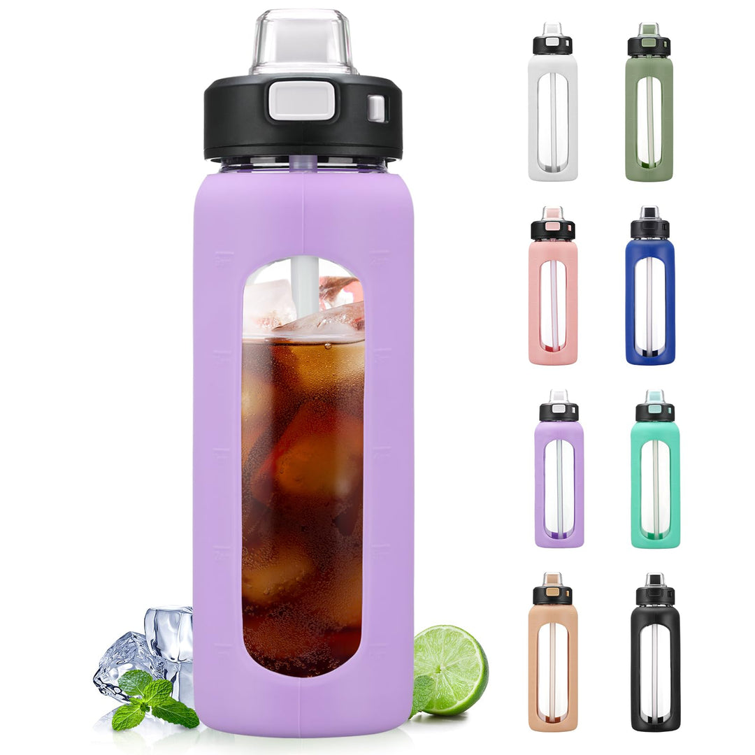 BLUEGO 700ml Trinkflasche Glas mit Strohhalm und Griff Auslaufsichere Wasserflasche mit Silikonhülle