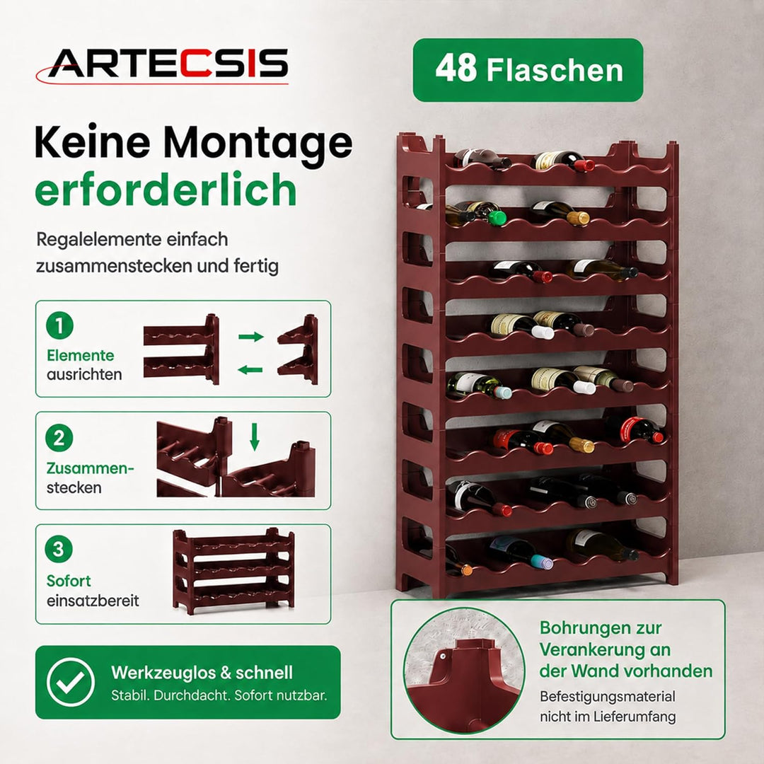 ARTECSIS® Weinregal stapelbar & modular erweiterbar Kunststoff für 48 Weinflaschen (braun) - Stabile