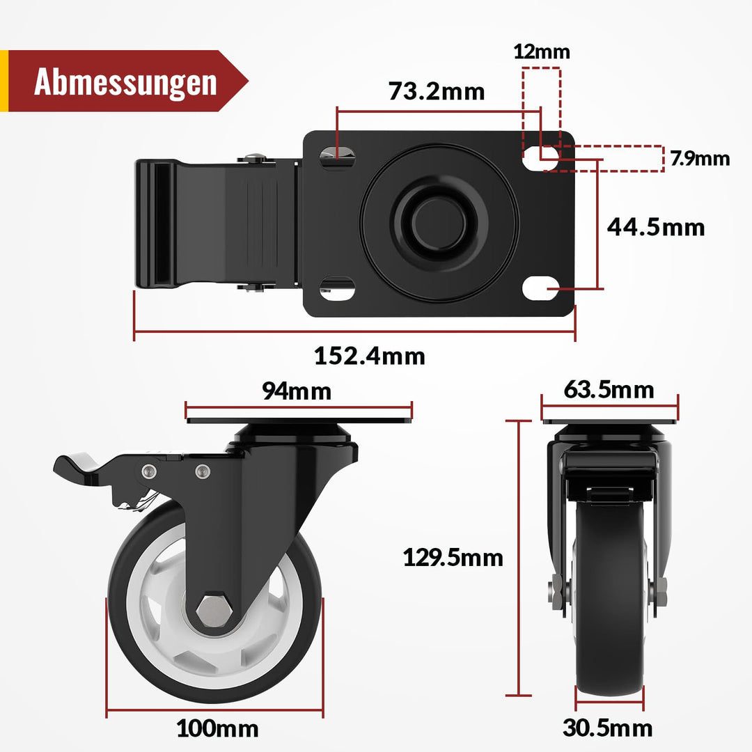 100mm Lenkrollen mit Sicherheitsbremse 4er Set Schwerlastrollen (2 mit Bremsen und 2 ohne) Möbelroll
