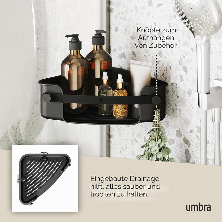 Umbra Flex Duschablage zum Kleben, ohne Bohren, Schwarz | Wasserfester Klebestreifen, integrierter A