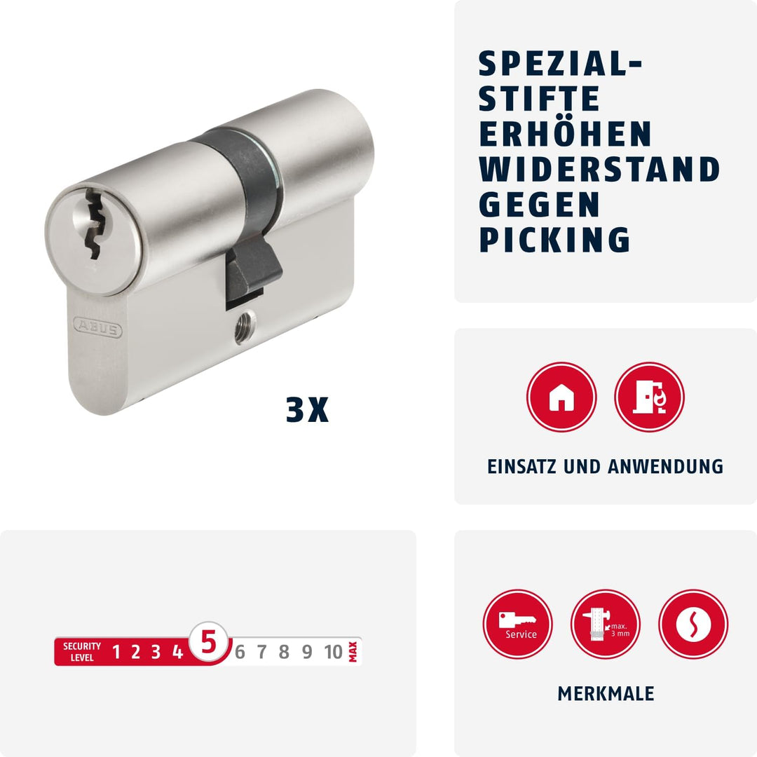 ABUS Profil-Zylinder E20NP Triples Set-3-Stück gleichschliessend mit 5 Schlüsseln 59824 30/30 gl. 3e