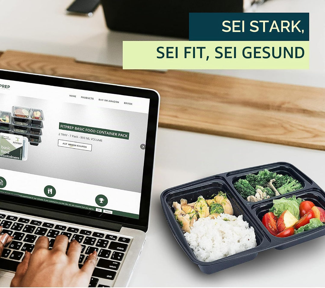 FITPREP 3 Fach Meal Prep Boxen im praktischen10er Pack - Mikrowellen &amp; Spülmaschinenfest, Mehrweg, L