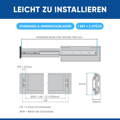 GTV H53 Schubladenschienen Vollauszüge Schubladenauszüge - 53.9 x 950 mm - 2 mm Starken Verzinkt Sta