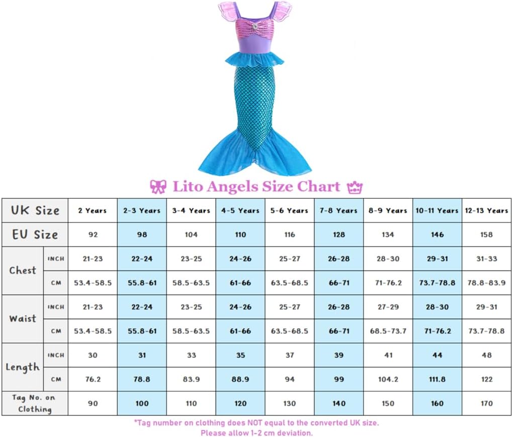 Lito Angels Prinzessin Meerjungfrau Arielle Kostüm Kleid Verkleidung mit Perücke für Kinder Mädchen