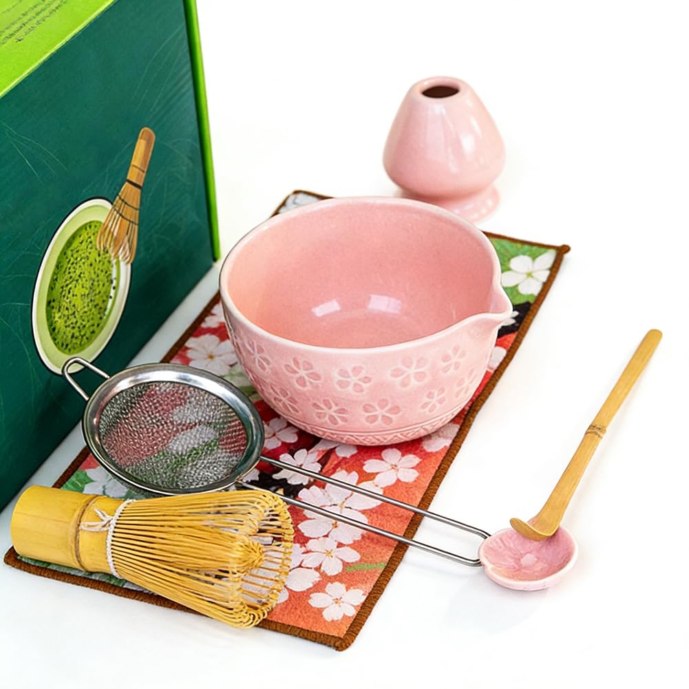 Matcha Set mit Matcha Besen Schale Zubehör 7 Teilig für Anfänger Rosa, Rosa