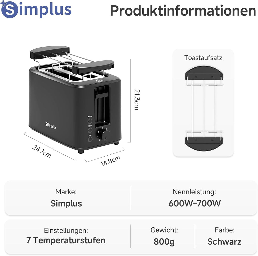 SIMPLUS Toaster 2 Toastschlitze, 7 Bräunungsstufen, Auftau- & Aufwärmfunktion, Brötchenaufsatz, extr