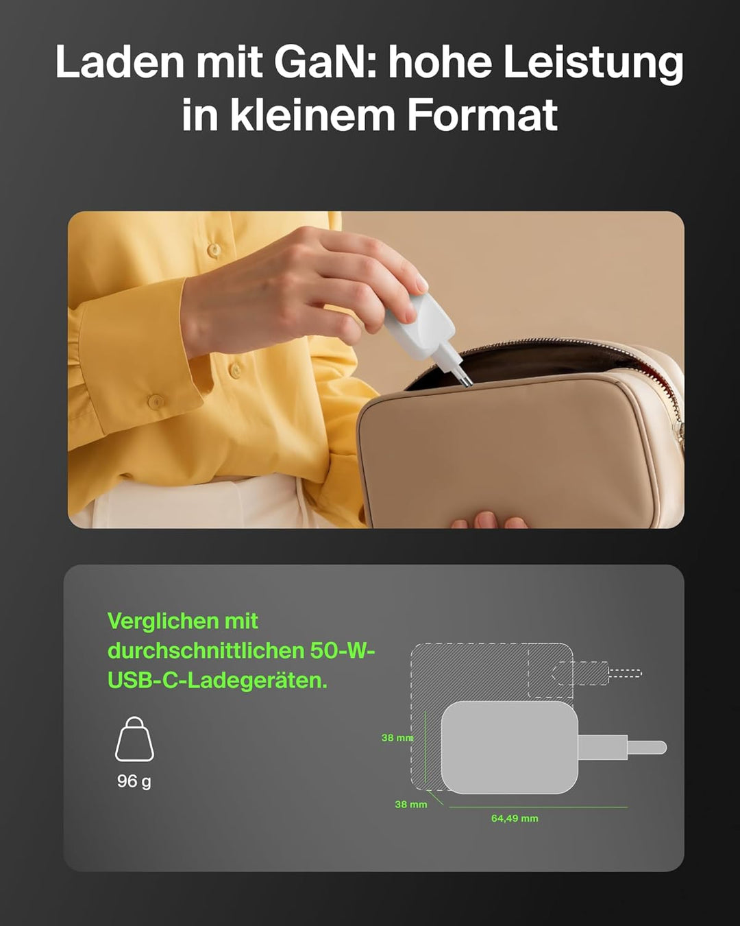 Belkin SmartProtect 2 Port USB C Ladegerät, 50W, GaN-Ladegerät mit 2 Anschlüssen, 1 m USB-C-Kabel, S